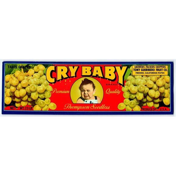 Cry Baby Grapes Fruit Crate Label Original Vintage Child Infant Weeping 1950's - Picture 1 of 3